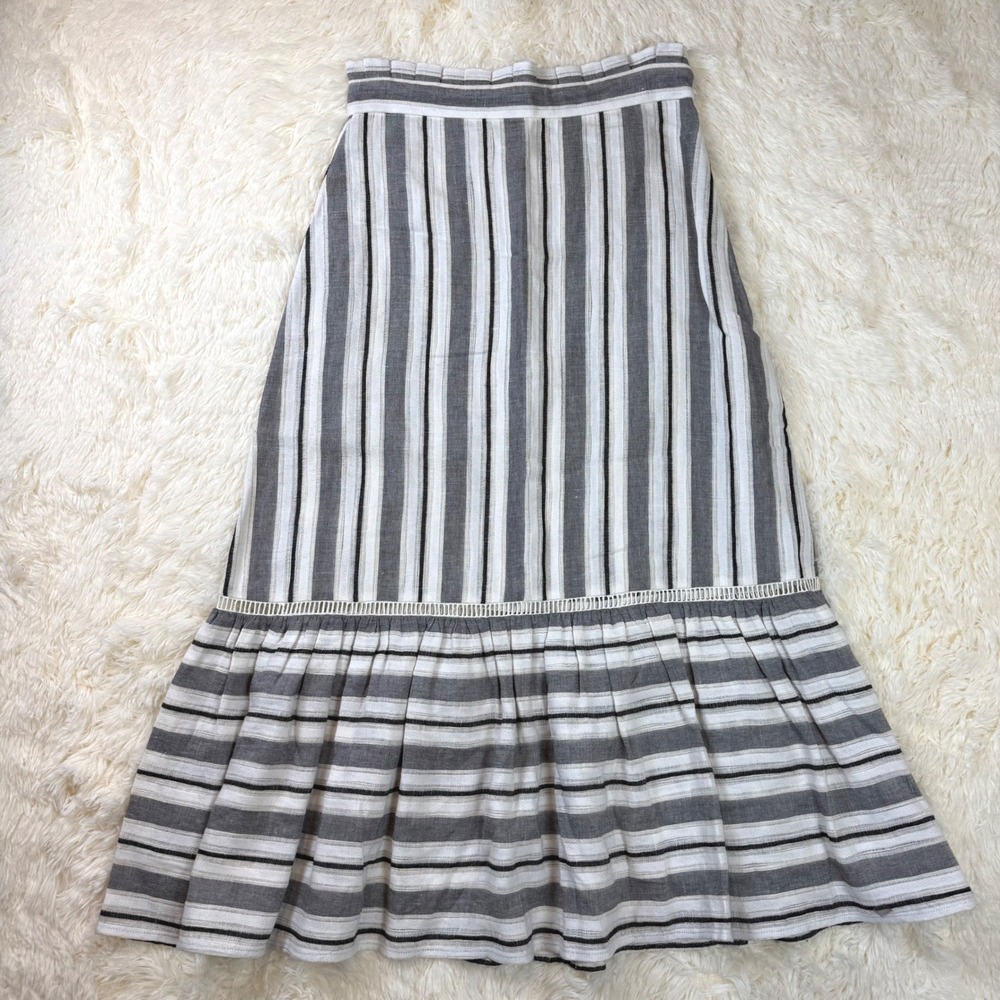 NWOT Margaret O'Leary Skirt Women S Gray White Striped Linen Blend Ruffle Hem